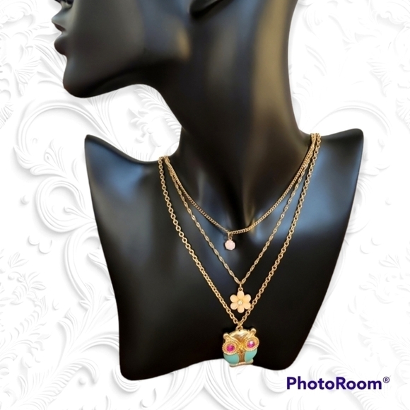 3/$30 DAINTY Kidcore Tiered Layered Owl Flower Faux Opal Layered Chain Necklace - Picture 1 of 7